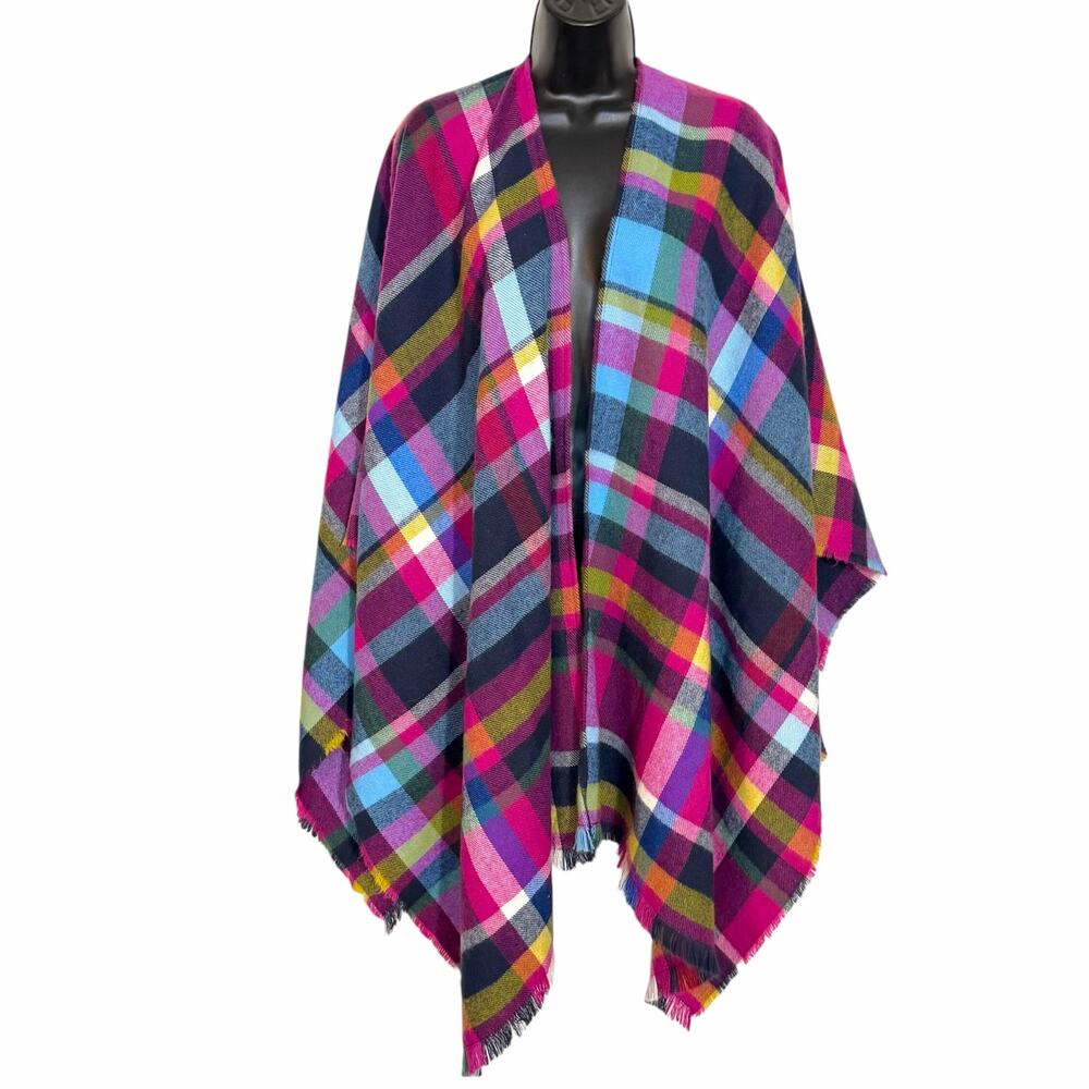 Soft Surroundings Oodles Plaid Topper Cape Wrap Poncho Scarf Cardigan Pink OS